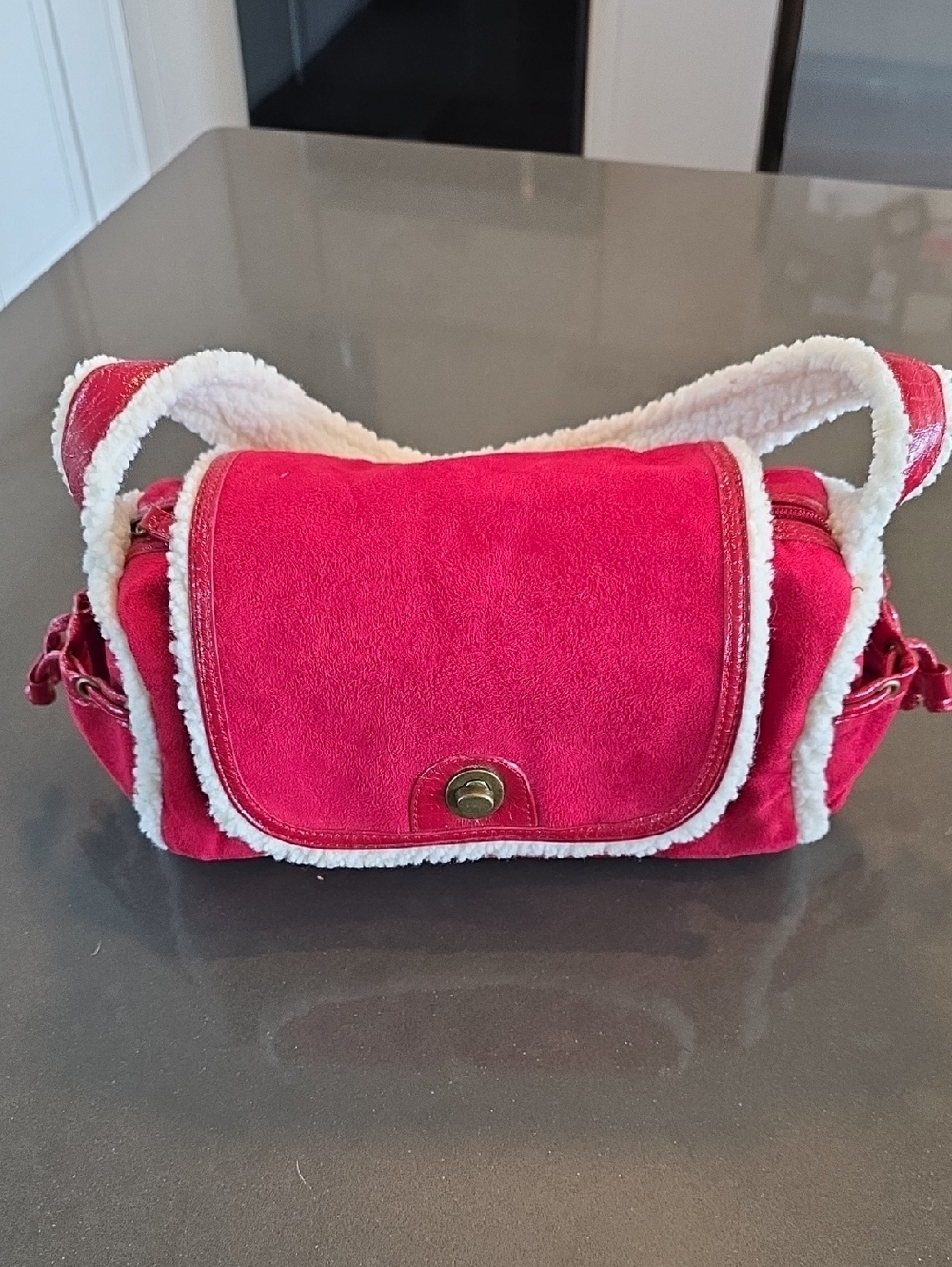 Faux Suede & Shearling Shoulder Bag - Red